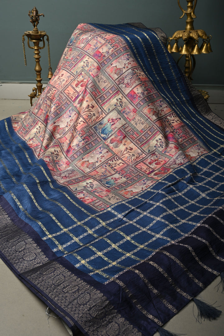Pastel Multicolor Semi Silk Saree with Digital Print and Contrast Stripes Zari Border | SHOBITAM