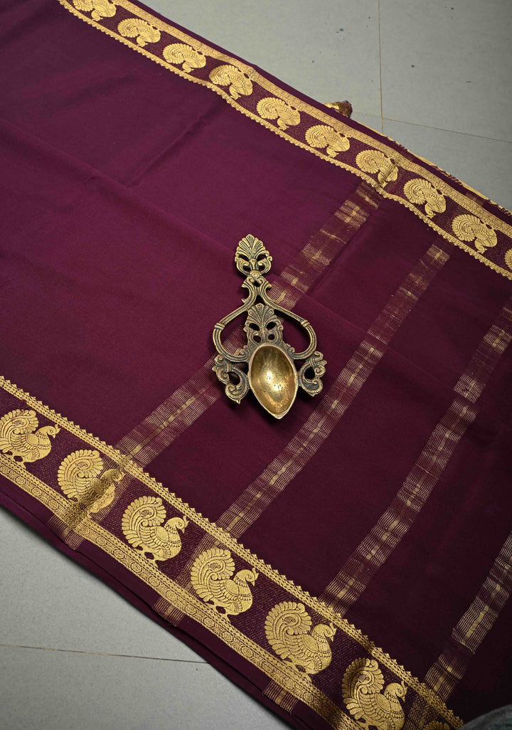 Egg Plant Purple Pure Mysore Silk Saree with Peacock Buttas on Minimal Border  | SILK MARK CERTIFIED | SHOBITAM