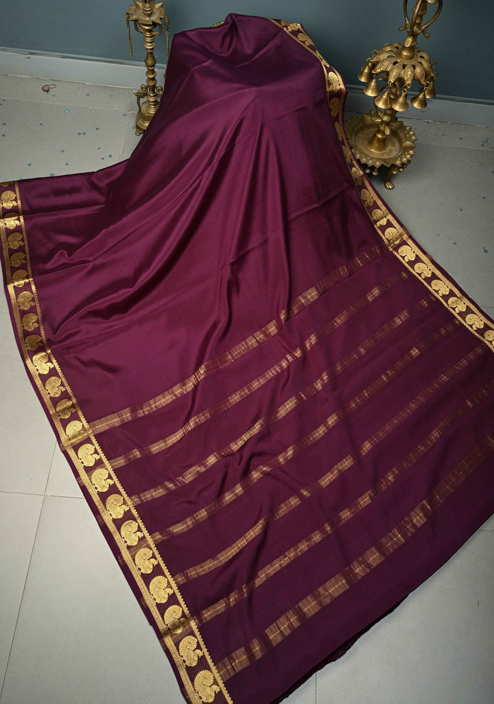 Egg Plant Purple Pure Mysore Silk Saree with Peacock Buttas on Minimal Border  | SILK MARK CERTIFIED | SHOBITAM