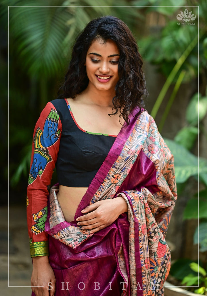 Kalamkari block print and mangalagiri cotton square back cutout, full sleeves blouse