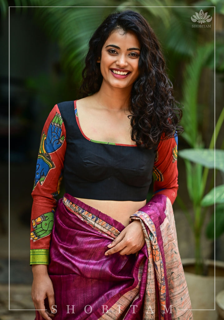 Kalamkari block print and mangalagiri cotton square back cutout, full sleeves blouse