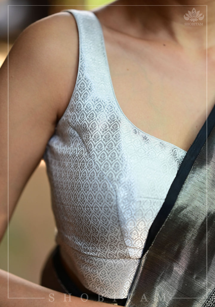 Silver Blouse with Scoopneck, Sleeveless Pattern and Cutdana Latkans