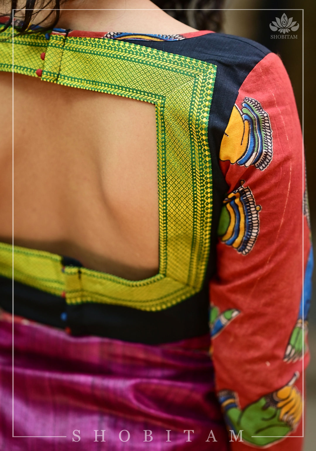 Kalamkari block print and mangalagiri cotton square back cutout, full sleeves blouse