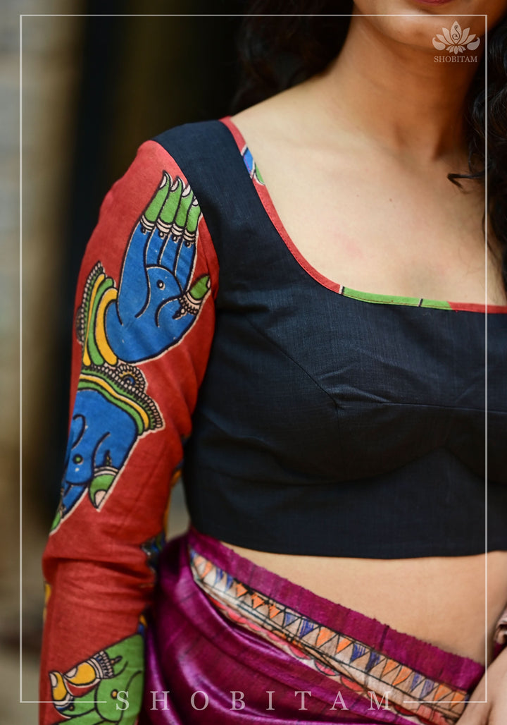 Kalamkari block print and mangalagiri cotton square back cutout, full sleeves blouse