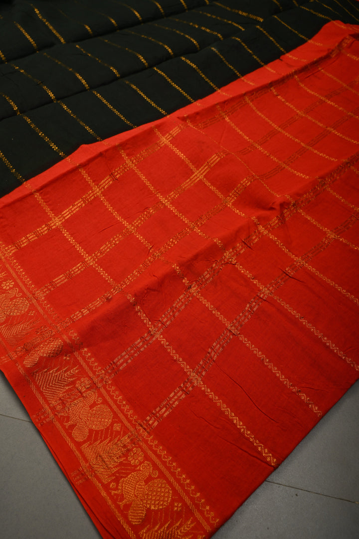 Dark Bottle Green Veldhari Zari Stripes Saree on Madurai Cotton With Contrast Zari Border | SHOBITAM