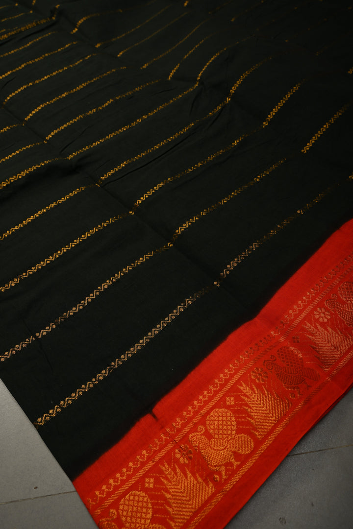 Dark Bottle Green Veldhari Zari Stripes Saree on Madurai Cotton With Contrast Zari Border | SHOBITAM