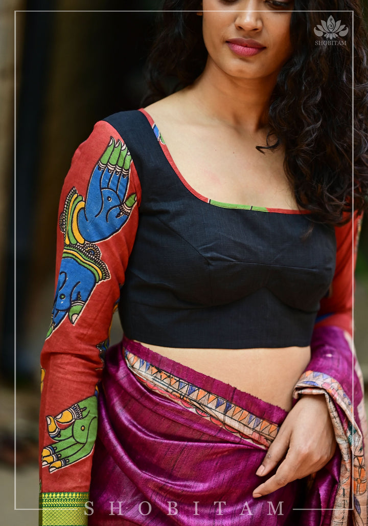 Kalamkari block print and mangalagiri cotton square back cutout, full sleeves blouse