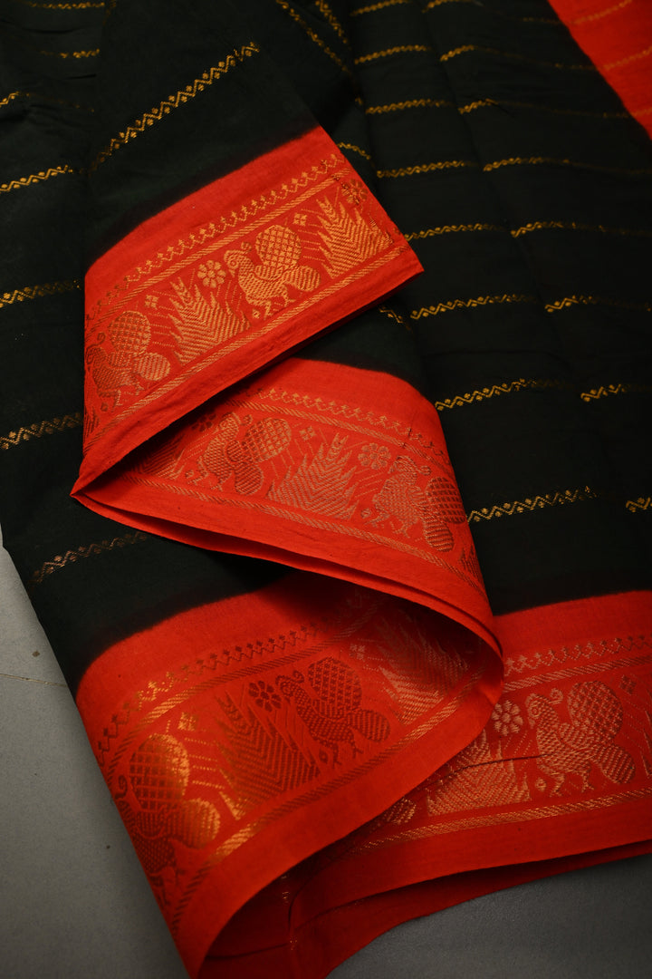Dark Bottle Green Veldhari Zari Stripes Saree on Madurai Cotton With Contrast Zari Border | SHOBITAM