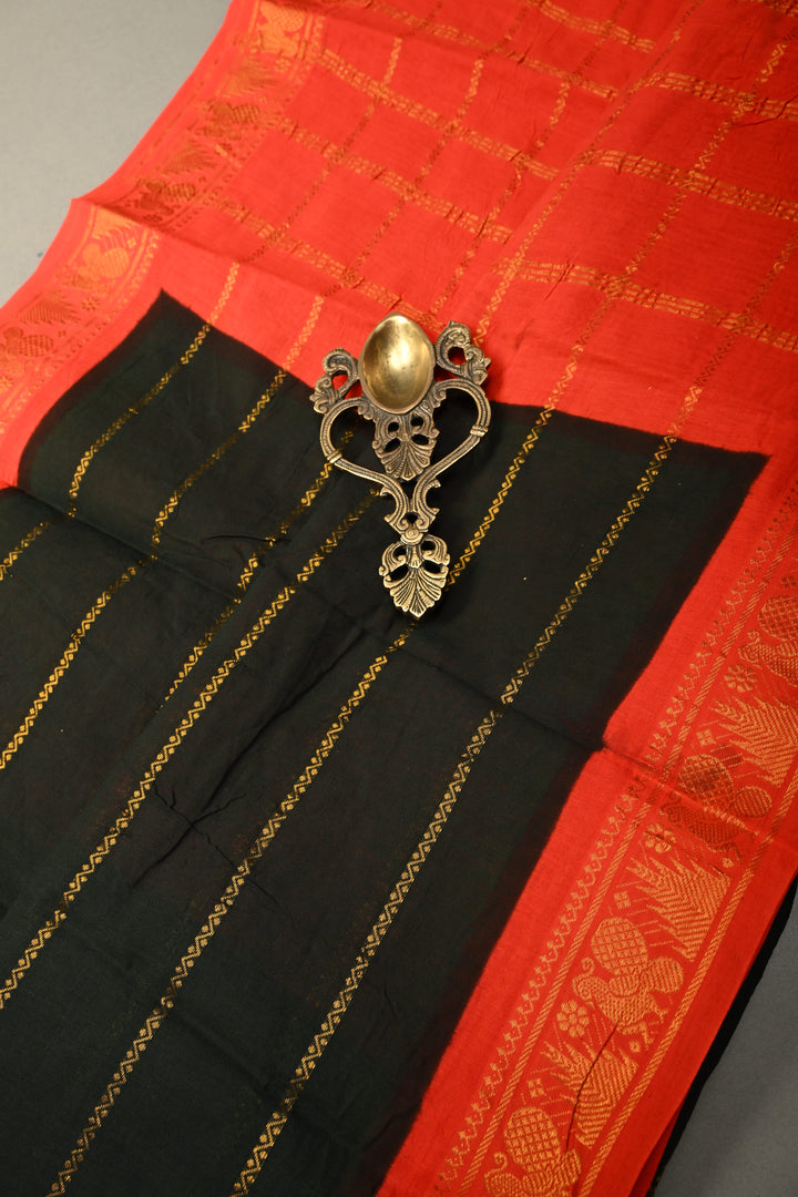 Dark Bottle Green Veldhari Zari Stripes Saree on Madurai Cotton With Contrast Zari Border | SHOBITAM