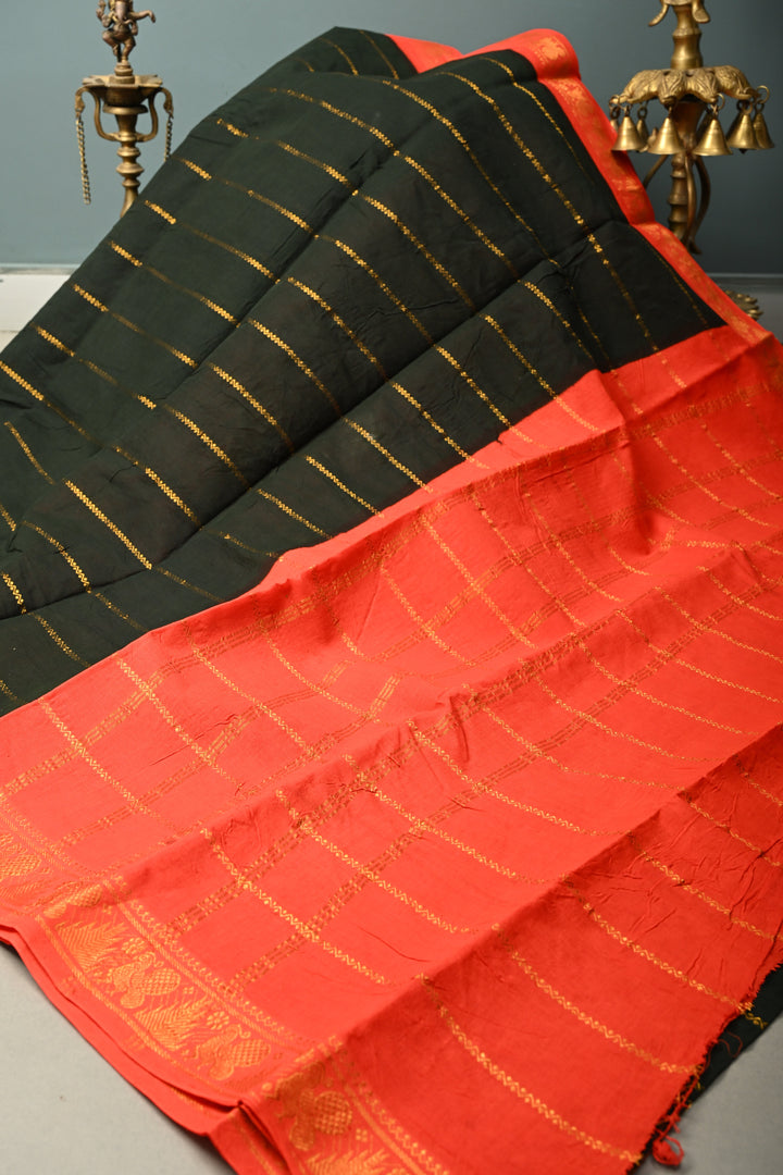 Dark Bottle Green Veldhari Zari Stripes Saree on Madurai Cotton With Contrast Zari Border | SHOBITAM
