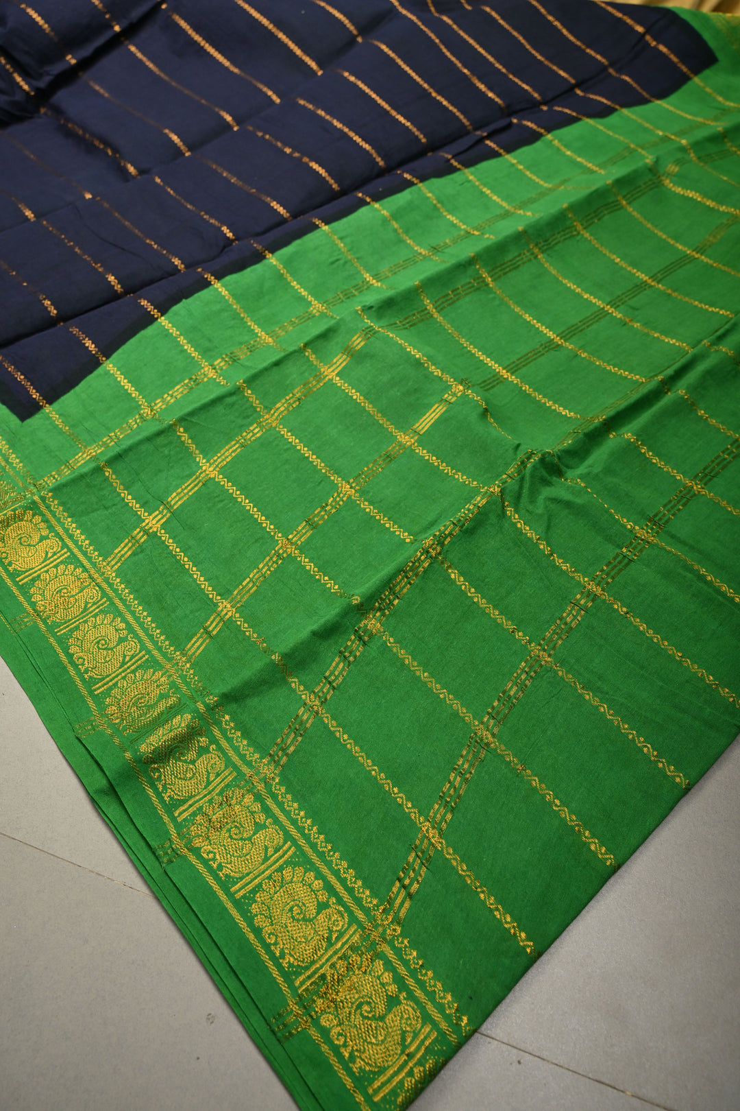 Dark Navy Blue Veldhari Zari Stripes Saree on Madurai Cotton With Contrast Zari Border | SHOBITAM