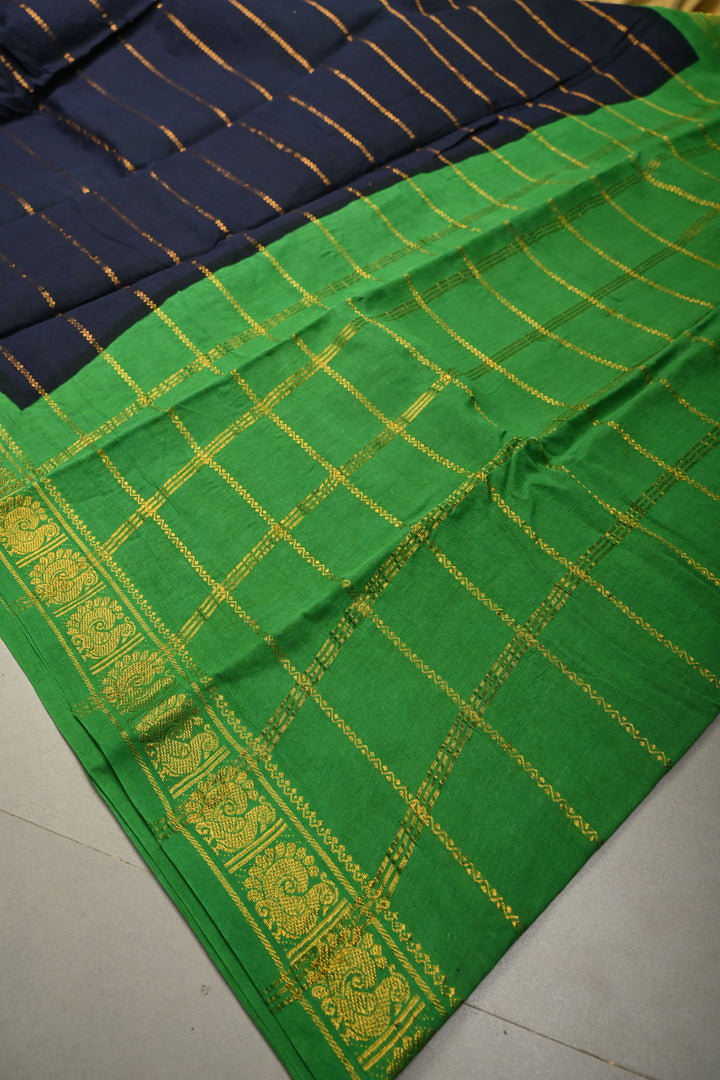 Dark Navy Blue Veldhari Zari Stripes Saree on Madurai Cotton With Contrast Zari Border | SHOBITAM