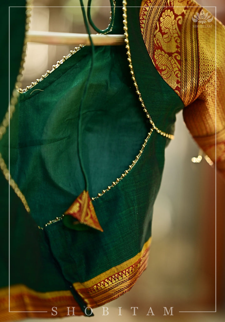 Emerald green narayanpet cotton sweet heart neck armband blouse