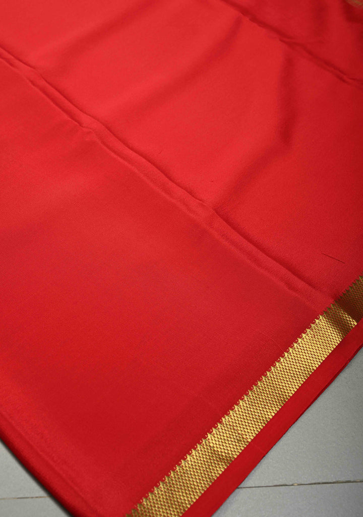Blood Red Mysore Silk Saree with Minimal Zari Border  | SILK MARK CERTIFIED | SHOBITAM