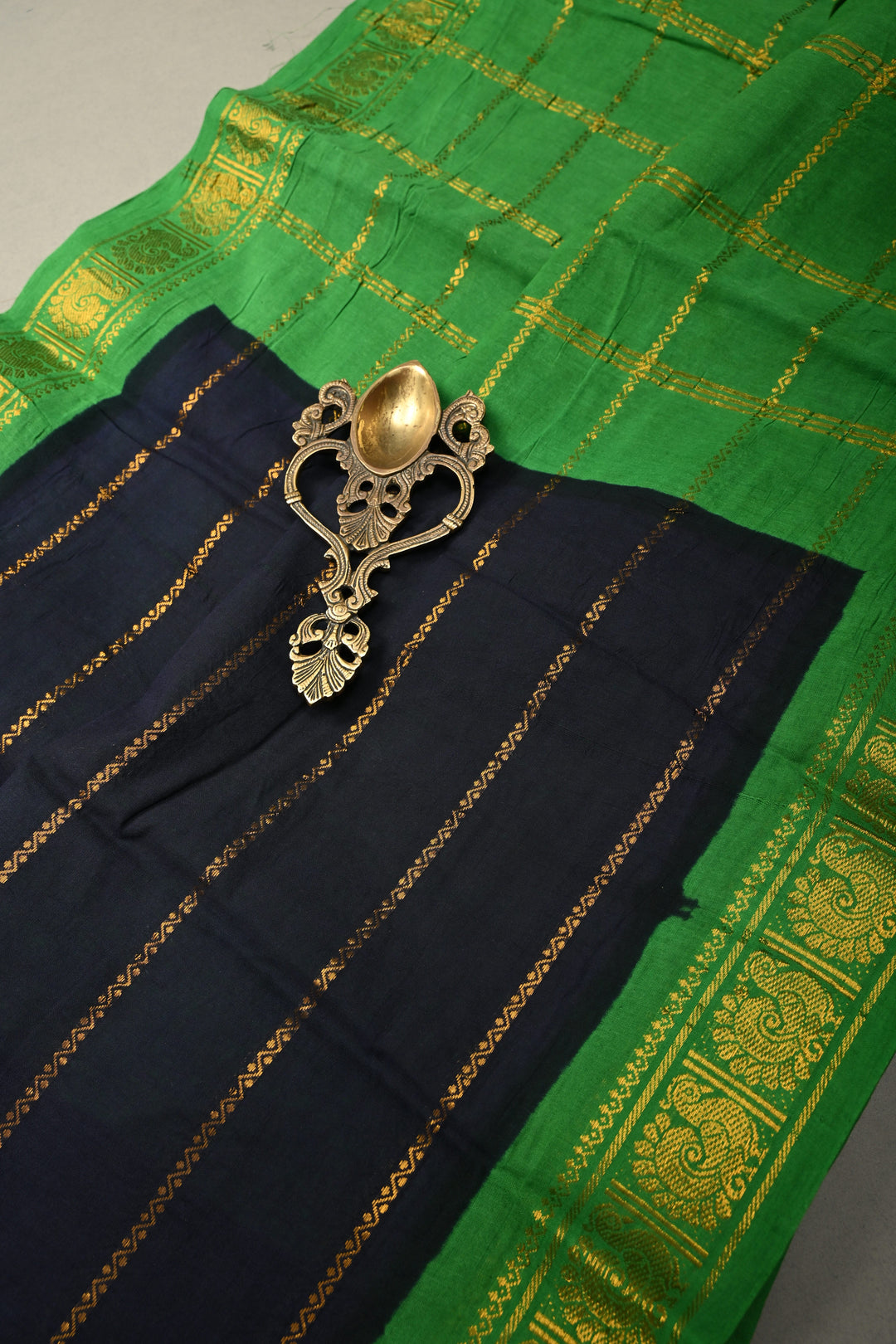 Dark Navy Blue Veldhari Zari Stripes Saree on Madurai Cotton With Contrast Zari Border | SHOBITAM