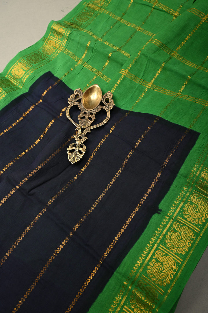 Dark Navy Blue Veldhari Zari Stripes Saree on Madurai Cotton With Contrast Zari Border | SHOBITAM
