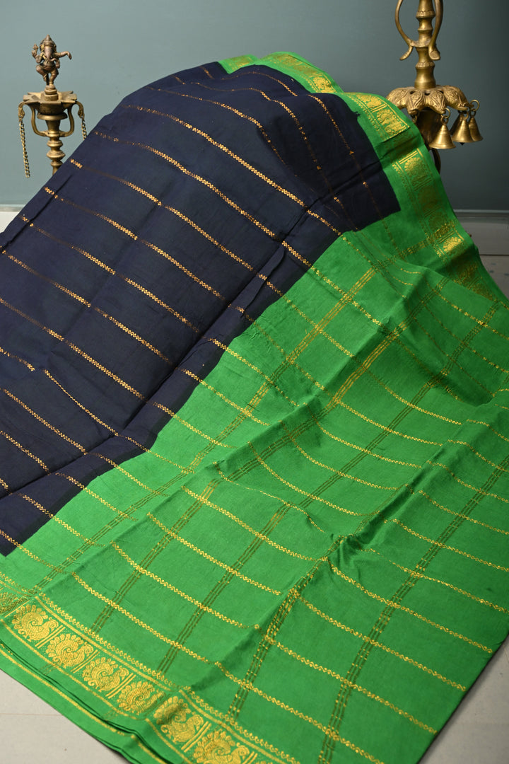 Dark Navy Blue Veldhari Zari Stripes Saree on Madurai Cotton With Contrast Zari Border | SHOBITAM