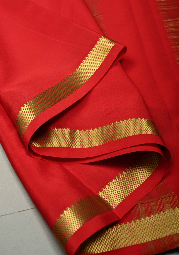 Blood Red Mysore Silk Saree with Minimal Zari Border  | SILK MARK CERTIFIED | SHOBITAM