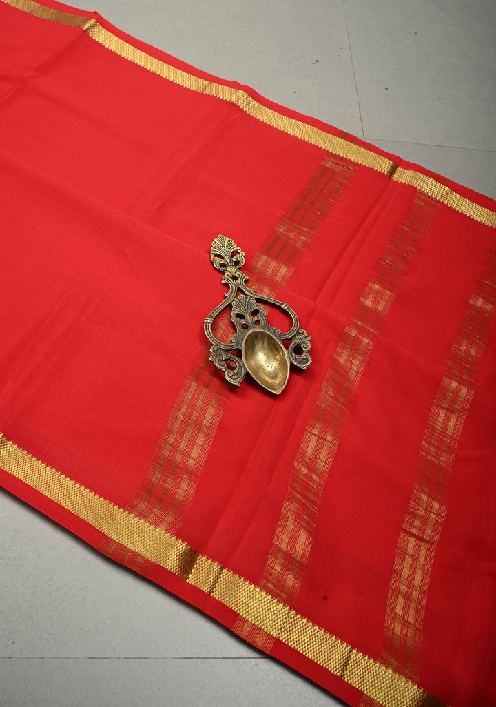 Blood Red Mysore Silk Saree with Minimal Zari Border  | SILK MARK CERTIFIED | SHOBITAM