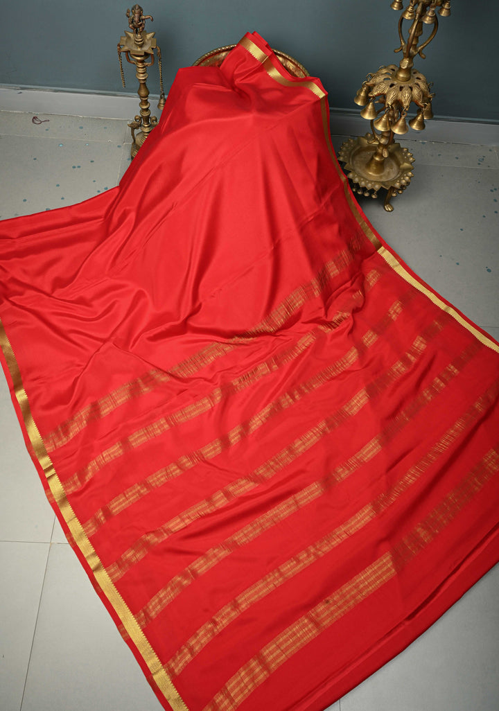 Blood Red Mysore Silk Saree with Minimal Zari Border  | SILK MARK CERTIFIED | SHOBITAM