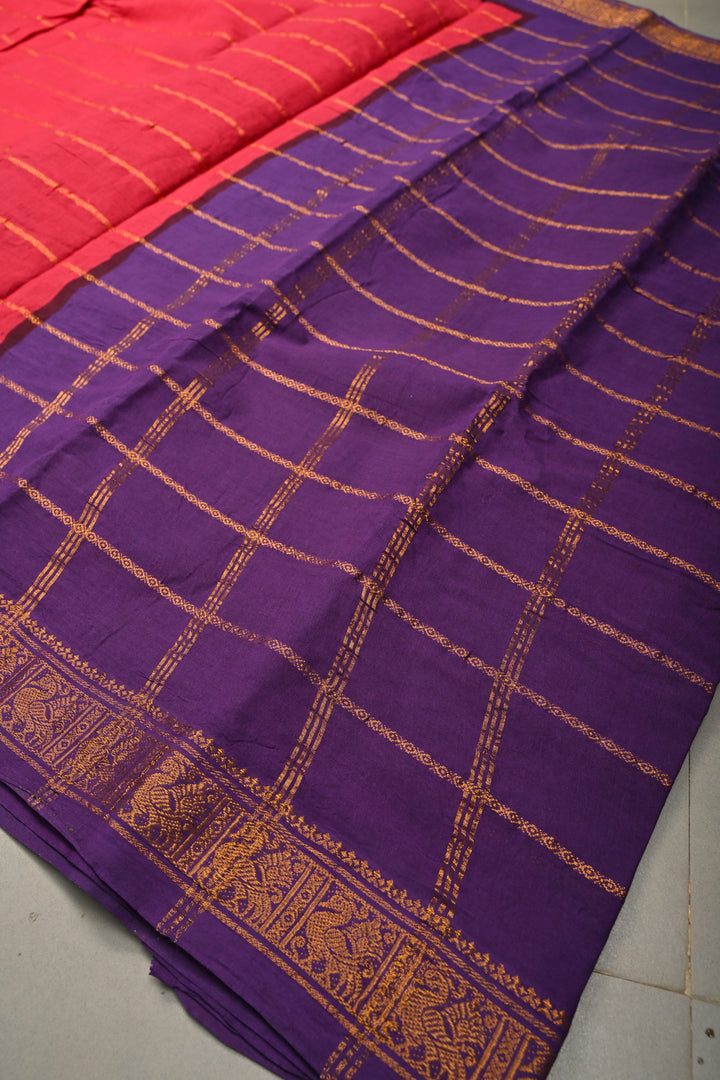 Rose Red Pure Madurai Cotton Saree with Veldhari Zari Stripes and Contrast Zari Border | SHOBITAM