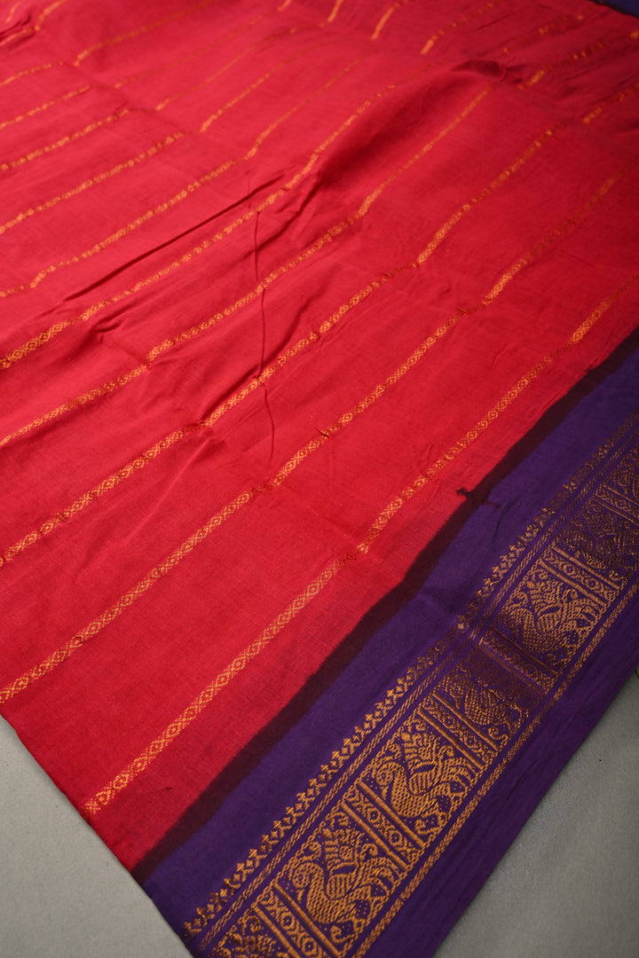 Rose Red Pure Madurai Cotton Saree with Veldhari Zari Stripes and Contrast Zari Border | SHOBITAM