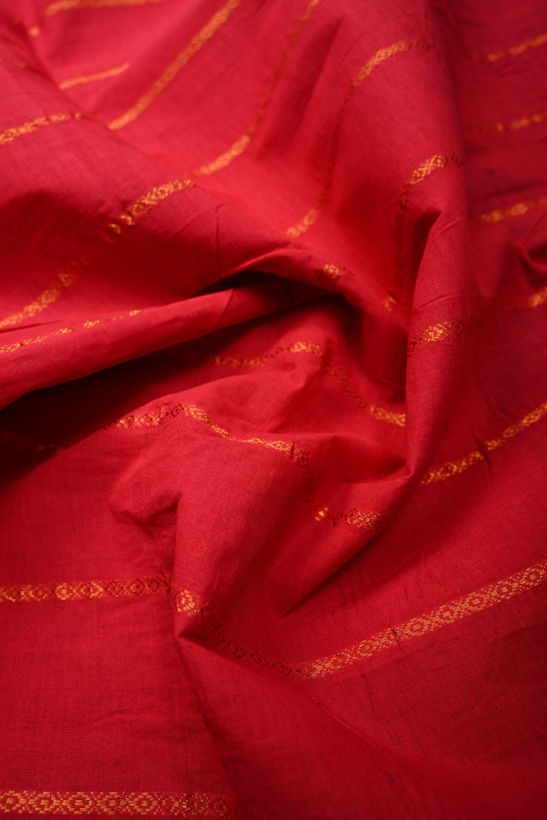 Rose Red Pure Madurai Cotton Saree with Veldhari Zari Stripes and Contrast Zari Border | SHOBITAM