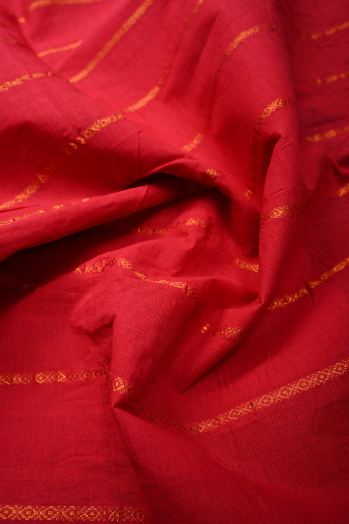 Rose Red Pure Madurai Cotton Saree with Veldhari Zari Stripes and Contrast Zari Border | SHOBITAM