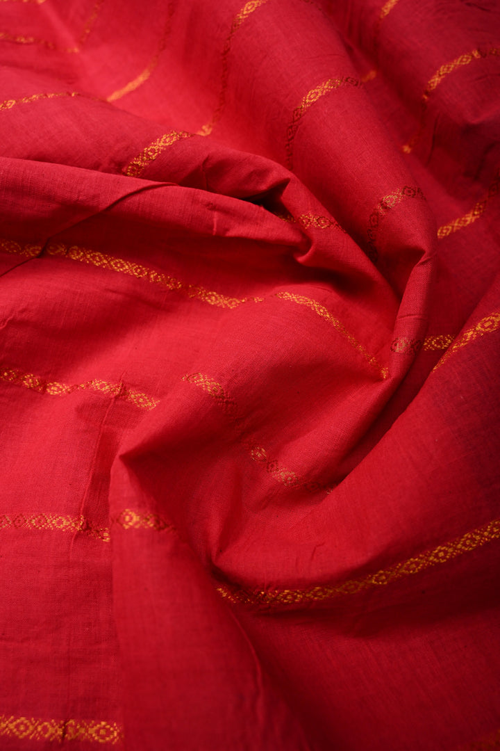 Rose Red Pure Madurai Cotton Saree with Veldhari Zari Stripes and Contrast Zari Border | SHOBITAM