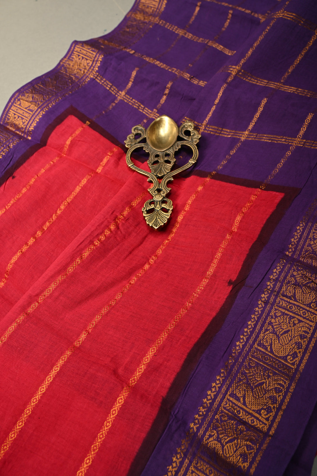 Rose Red Pure Madurai Cotton Saree with Veldhari Zari Stripes and Contrast Zari Border | SHOBITAM