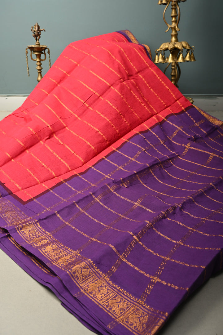 Rose Red Pure Madurai Cotton Saree with Veldhari Zari Stripes and Contrast Zari Border | SHOBITAM