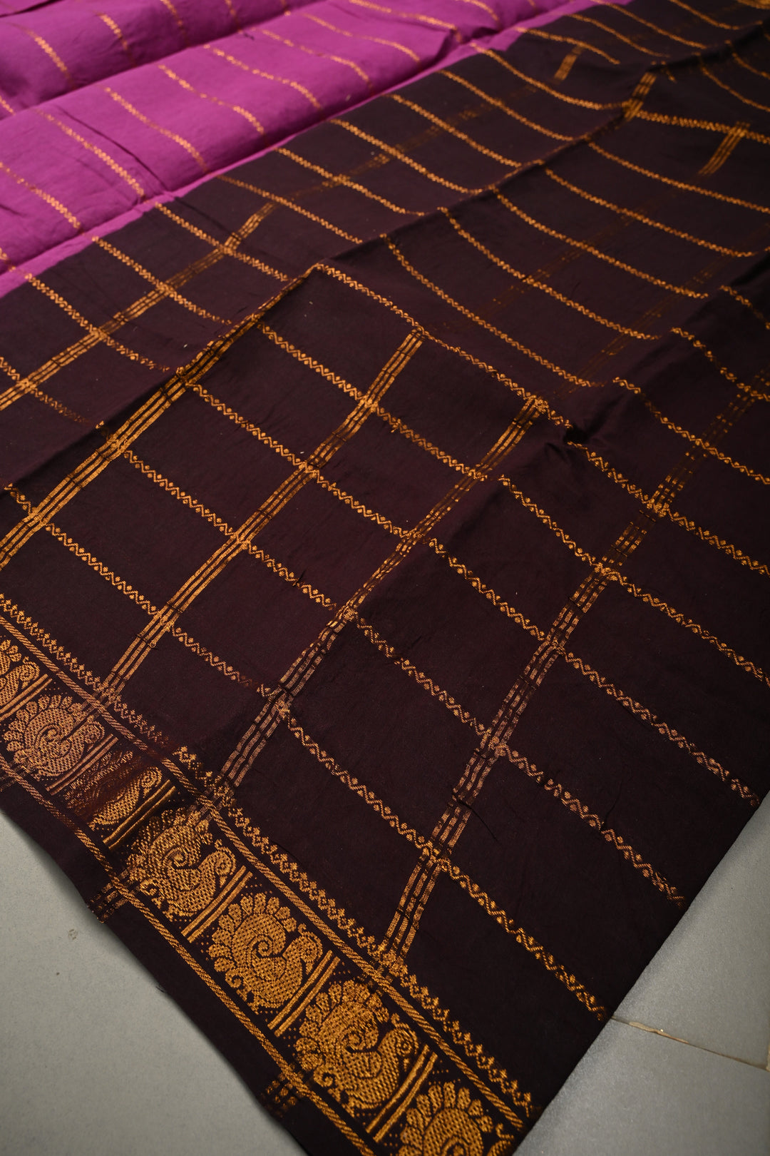 Purple Veldhari Zari Stripes Saree on Madurai Cotton With Contrast Zari Border | SHOBITAM