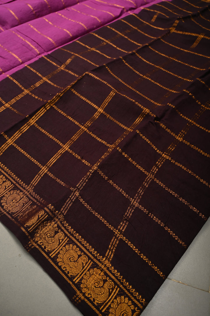 Purple Veldhari Zari Stripes Saree on Madurai Cotton With Contrast Zari Border | SHOBITAM