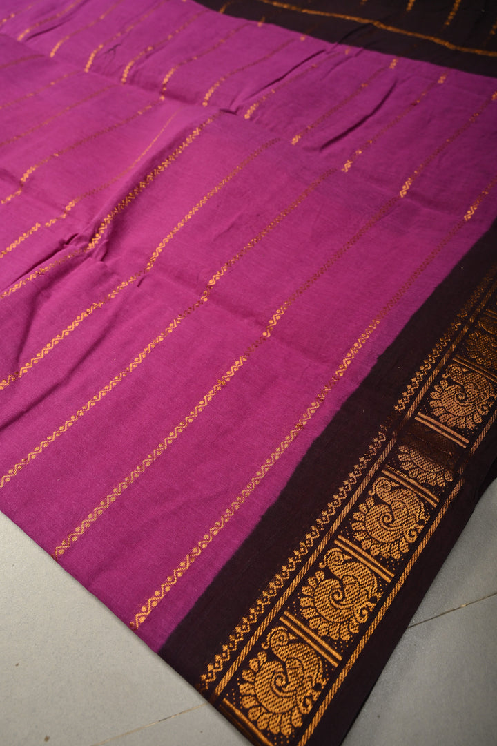 Purple Veldhari Zari Stripes Saree on Madurai Cotton With Contrast Zari Border | SHOBITAM