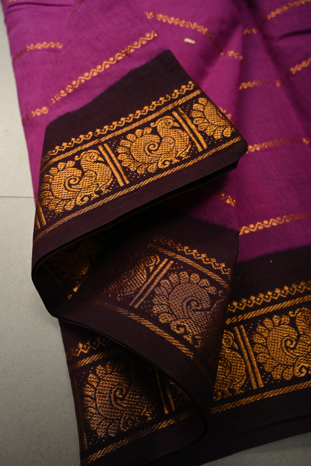 Purple Veldhari Zari Stripes Saree on Madurai Cotton With Contrast Zari Border | SHOBITAM