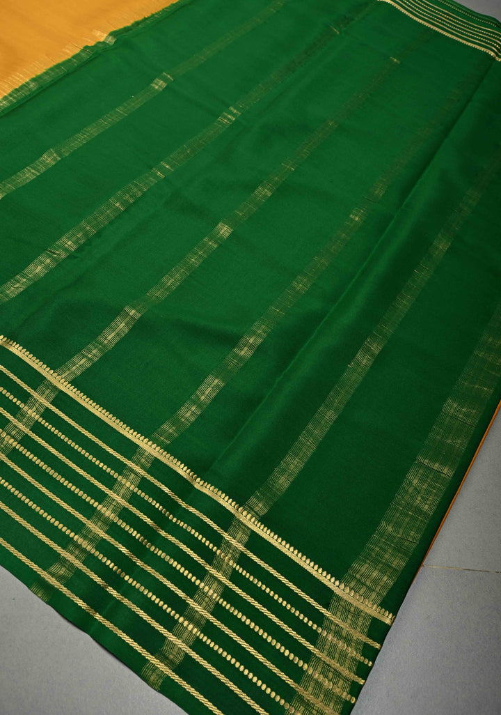 Mustard Yellow Mysore Silk Saree with Contrast Zari Stripes Border  | SILK MARK CERTIFIED | SHOBITAM