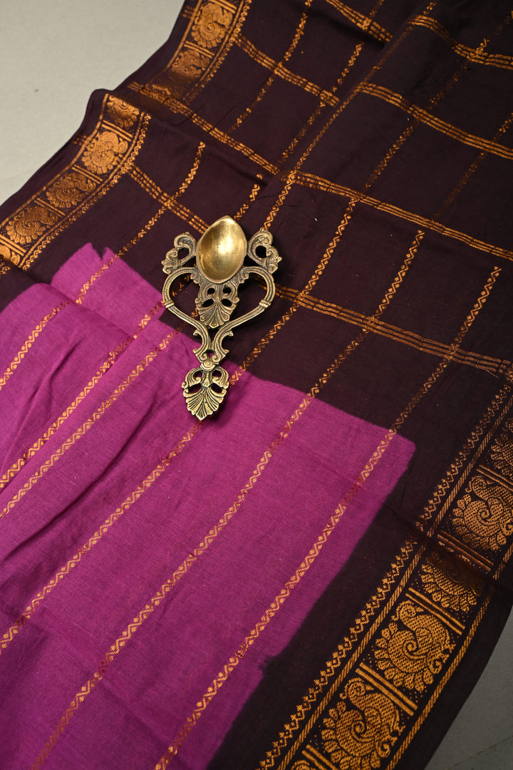 Purple Veldhari Zari Stripes Saree on Madurai Cotton With Contrast Zari Border | SHOBITAM