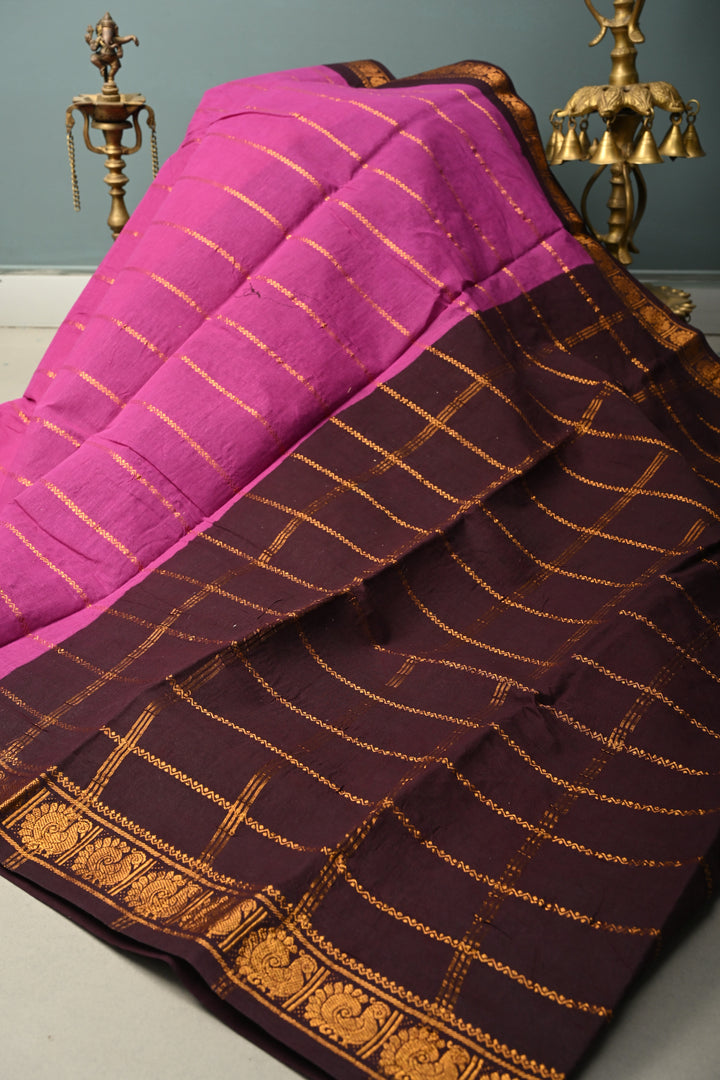 Purple Veldhari Zari Stripes Saree on Madurai Cotton With Contrast Zari Border | SHOBITAM