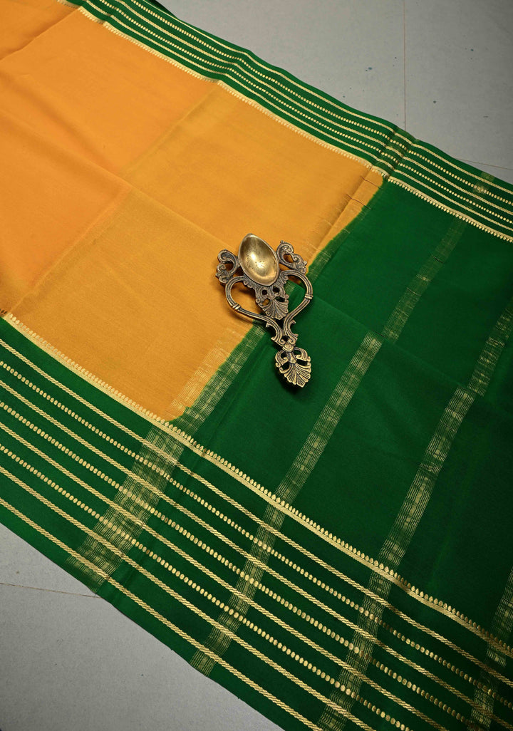 Mustard Yellow Mysore Silk Saree with Contrast Zari Stripes Border  | SILK MARK CERTIFIED | SHOBITAM