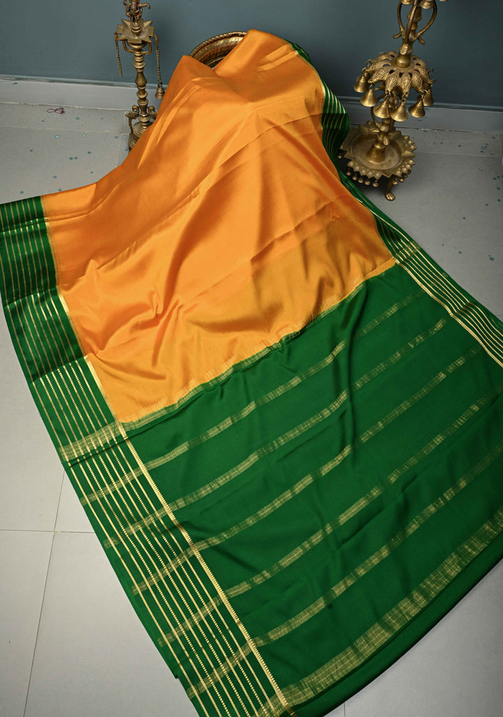 Mustard Yellow Mysore Silk Saree with Contrast Zari Stripes Border  | SILK MARK CERTIFIED | SHOBITAM