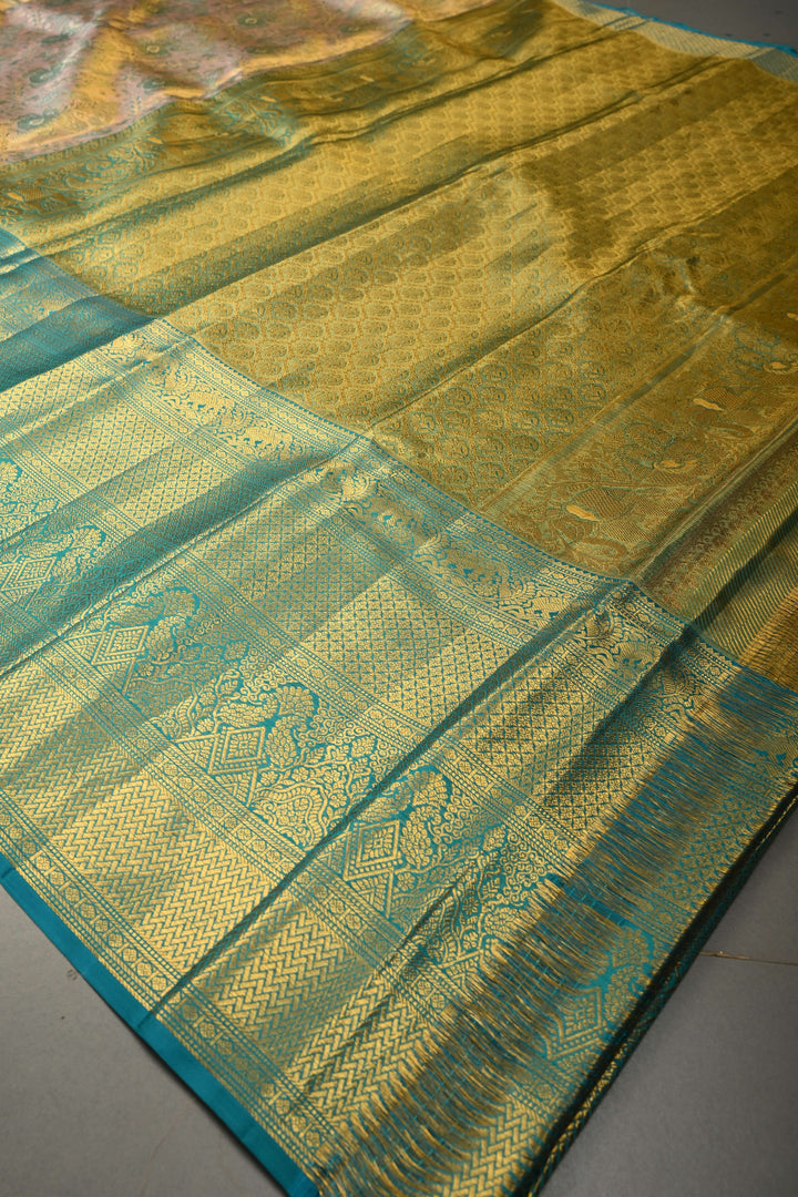 Peach Pure Kanjivaram Tissue Silk Saree with Meenakari Floral Brocade and Contrast Zari Border | SILK MARK CERTIFIED | SHOBITAM