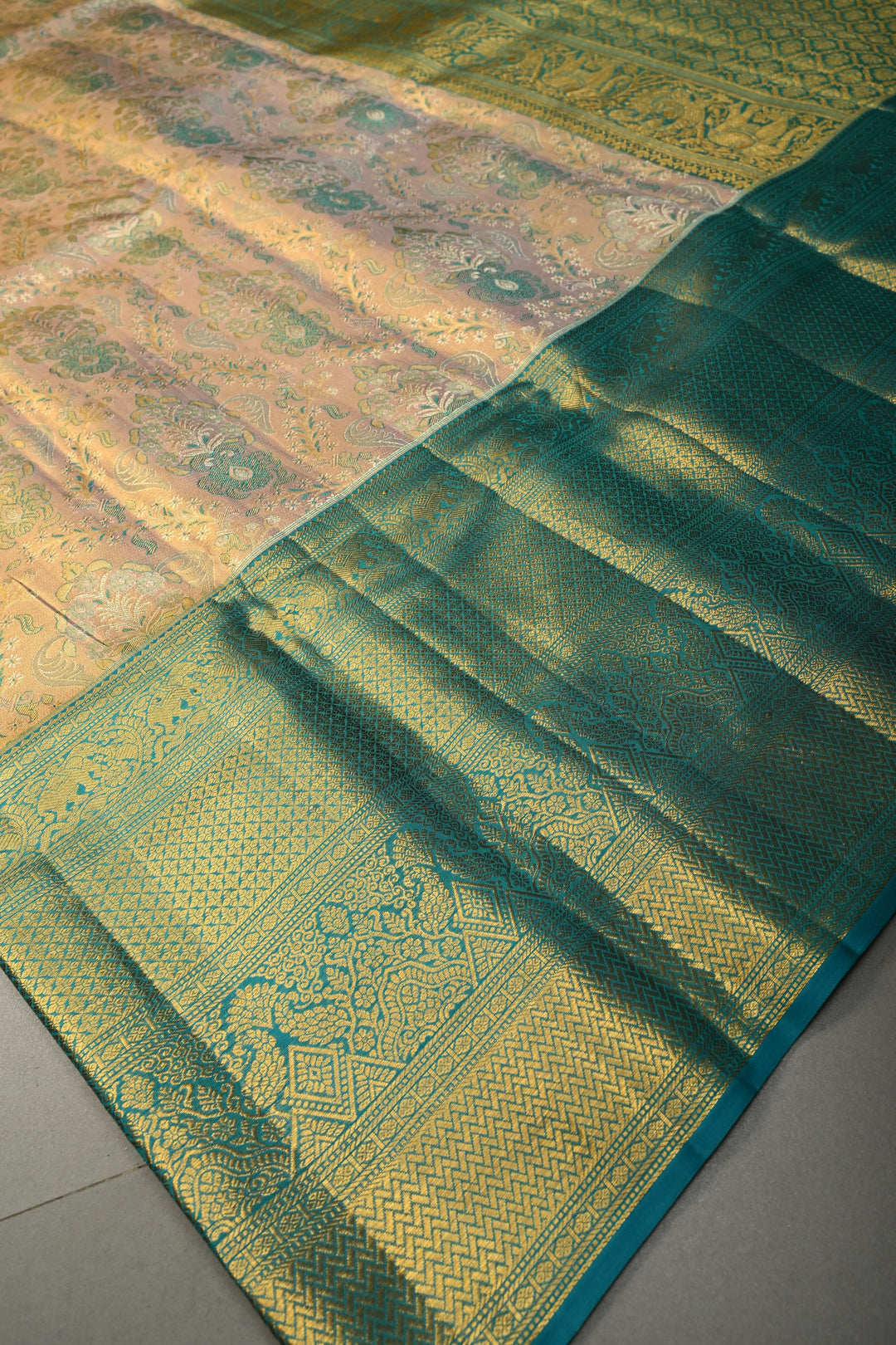 Peach Pure Kanjivaram Tissue Silk Saree with Meenakari Floral Brocade and Contrast Zari Border | SILK MARK CERTIFIED | SHOBITAM