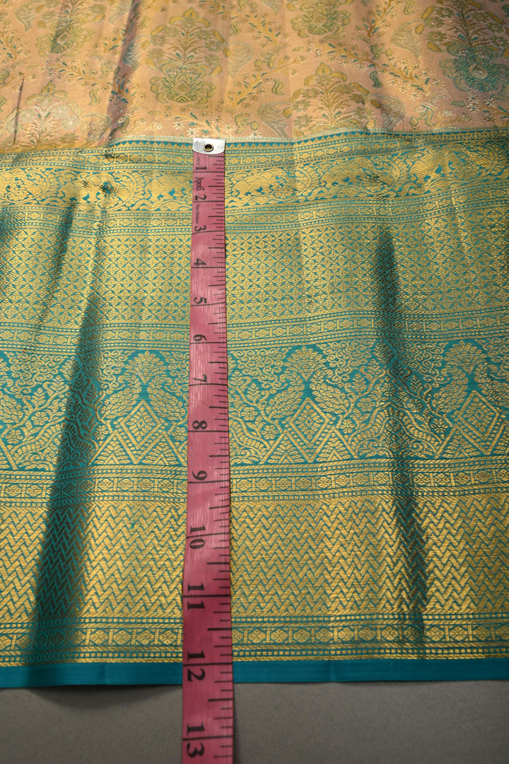 Peach Pure Kanjivaram Tissue Silk Saree with Meenakari Floral Brocade and Contrast Zari Border | SILK MARK CERTIFIED | SHOBITAM