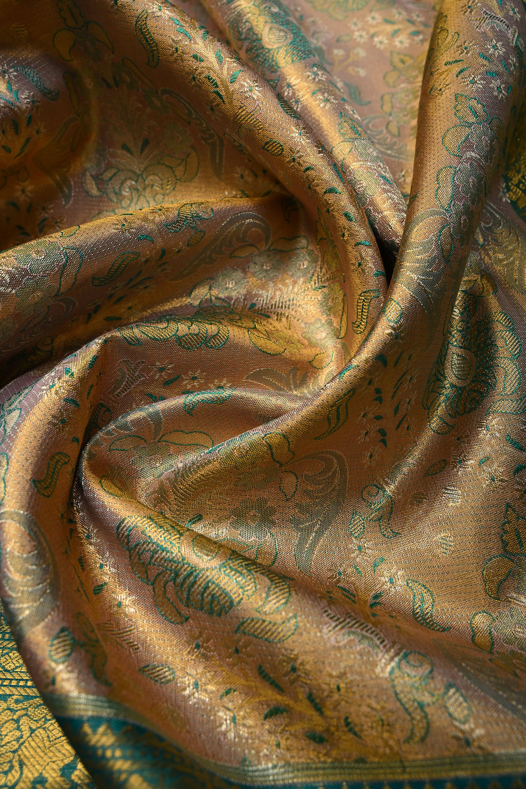 Peach Pure Kanjivaram Tissue Silk Saree with Meenakari Floral Brocade and Contrast Zari Border | SILK MARK CERTIFIED | SHOBITAM