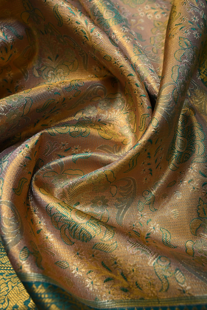 Peach Pure Kanjivaram Tissue Silk Saree with Meenakari Floral Brocade and Contrast Zari Border | SILK MARK CERTIFIED | SHOBITAM