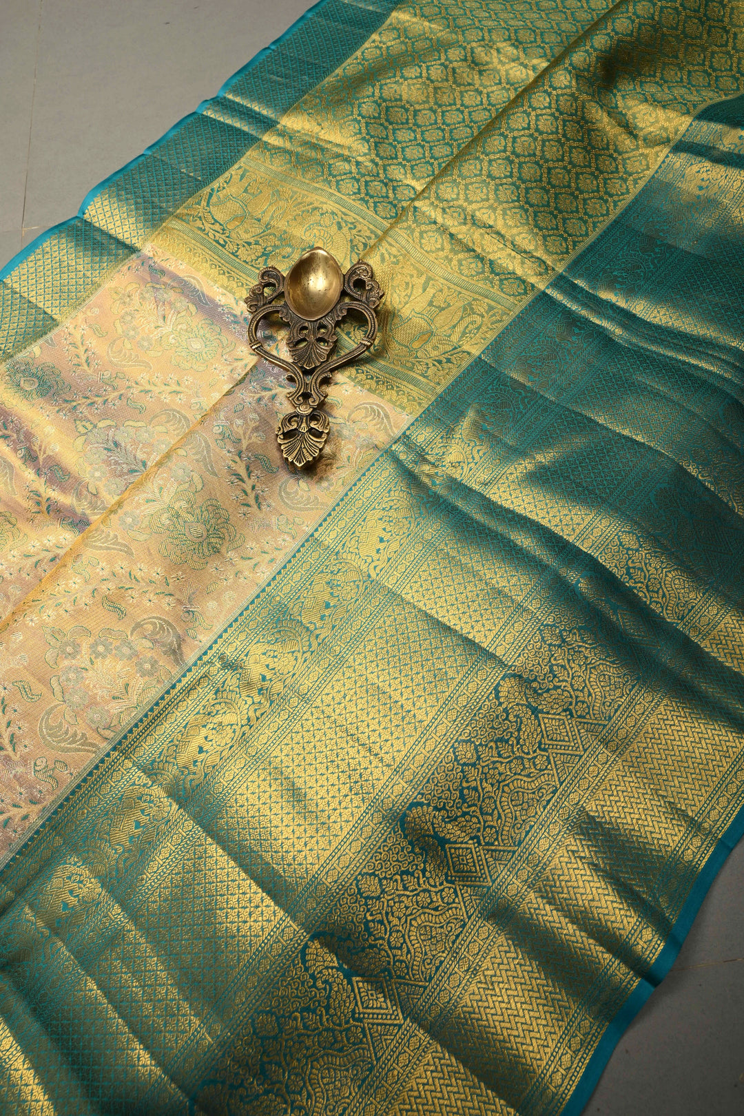 Peach Pure Kanjivaram Tissue Silk Saree with Meenakari Floral Brocade and Contrast Zari Border | SILK MARK CERTIFIED | SHOBITAM