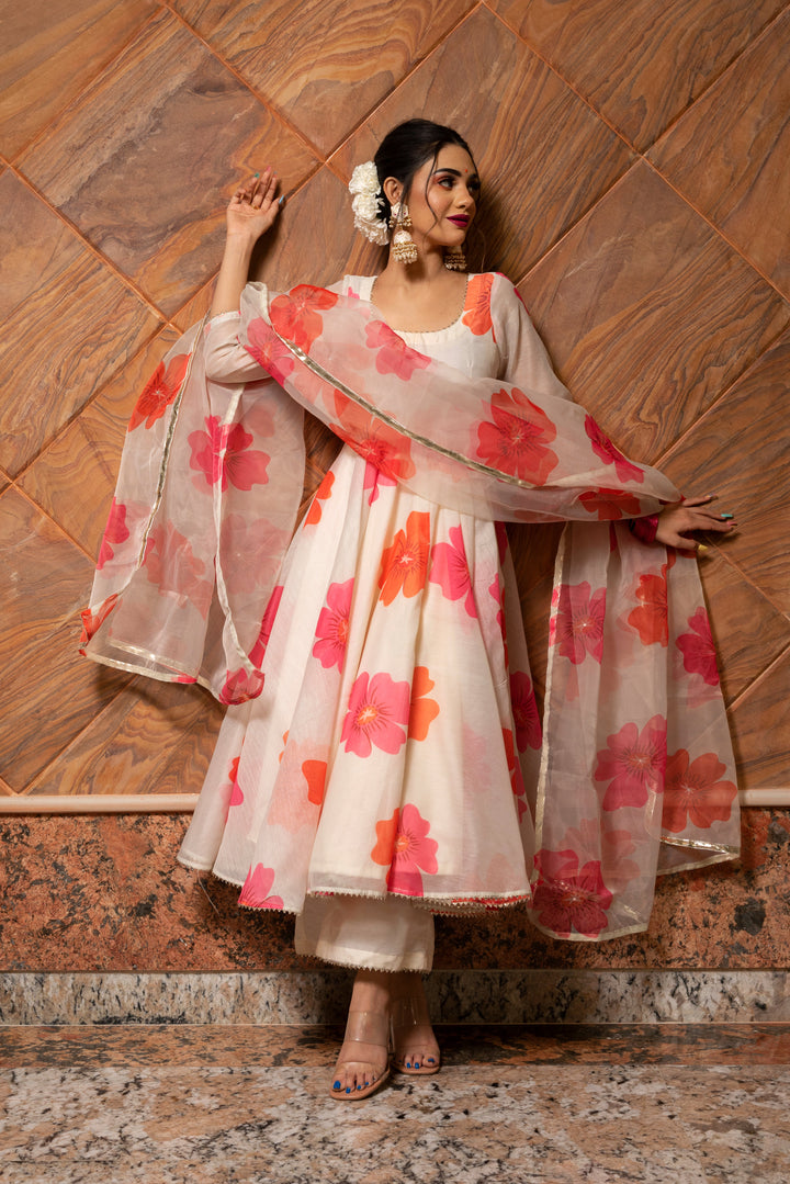 CARNATION OFF WHITE ANARKALI SET | SHOBITAM