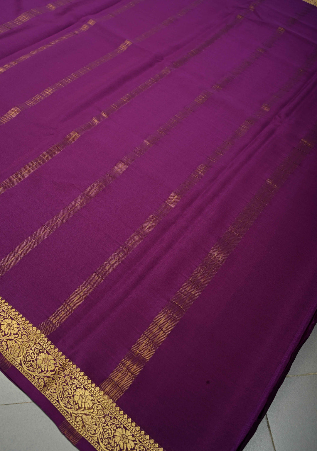 Eggplant Purple Mysore Silk Saree with Minimal Floral Zari Border  | SILK MARK CERTIFIED | SHOBITAM
