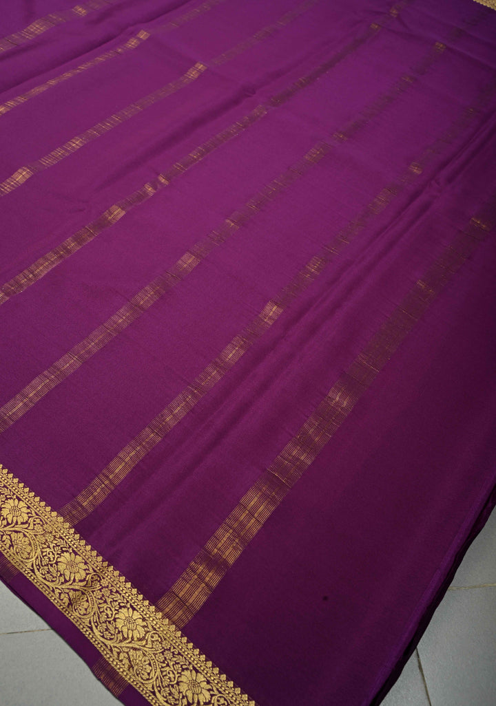 Eggplant Purple Mysore Silk Saree with Minimal Floral Zari Border  | SILK MARK CERTIFIED | SHOBITAM