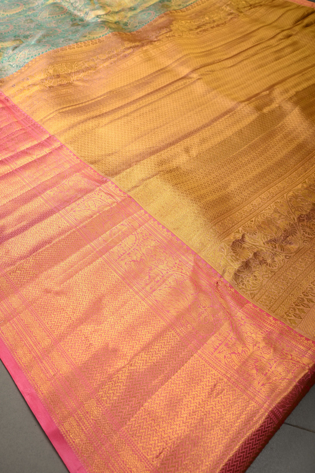 Turquoise-Gold Pure Kanjivaram Tissue Silk Saree with Meenakari Pashmina Style Brocade and Contrast Wide Zari Border | SILK MARK CERTIFIED | SHOBITAM
